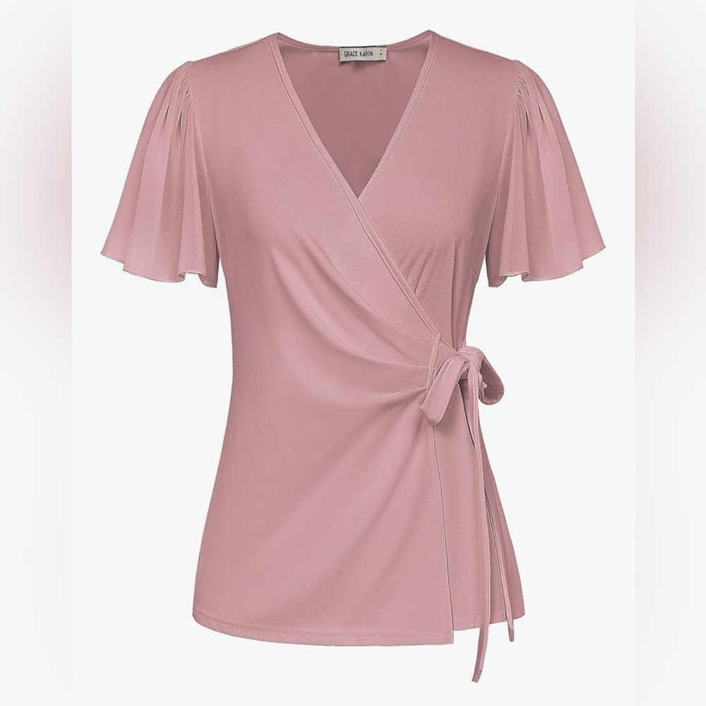 Grace Karin Pink Flutter Sleeve Wrap Blouse